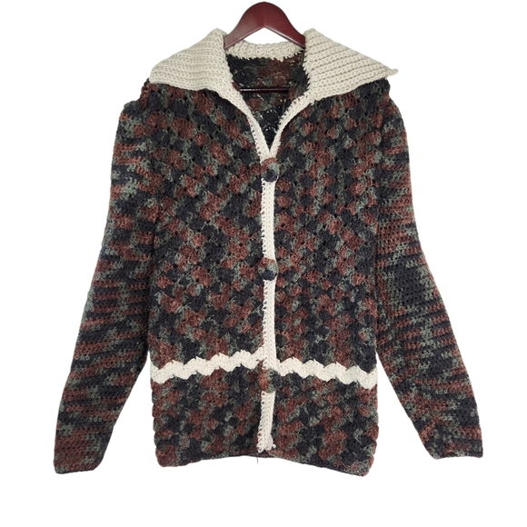 Handmade Vintage Crocheted Knit Cardigan Brown Green Granny Grandmacore XL - Picture 5 of 15